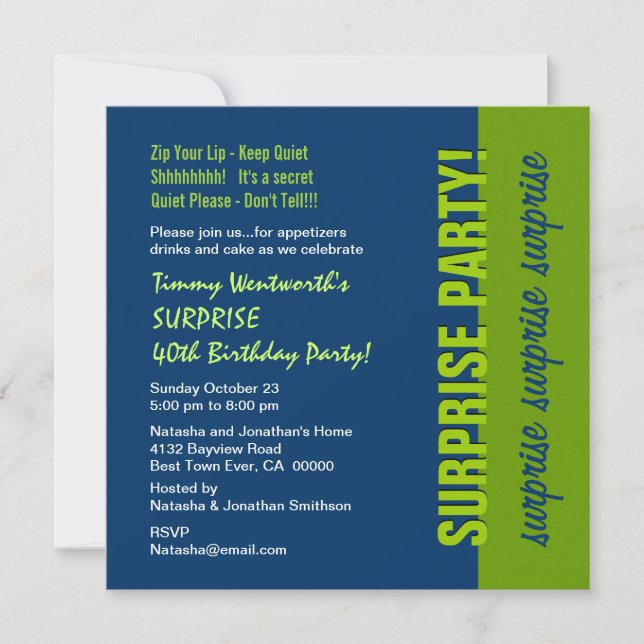 SURPRISE 40th Birthday Modern Navy Blue and Lime Invitation (Front)