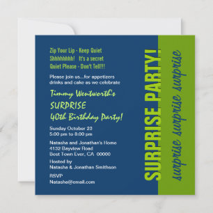 SURPRISE 40th Birthday Modern Navy Blue and Lime Invitation