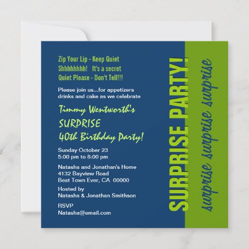 SURPRISE 40th Birthday Modern Navy Blue and Lime Personalized Invitations