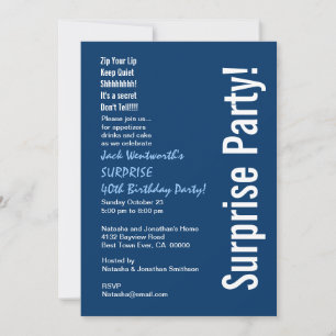 SURPRISE 40th Birthday Modern Navy Blue White Invitation