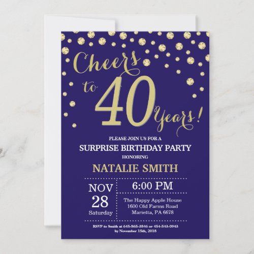 Surprise 40th Birthday Navy Blue and Gold Diamond Invitation