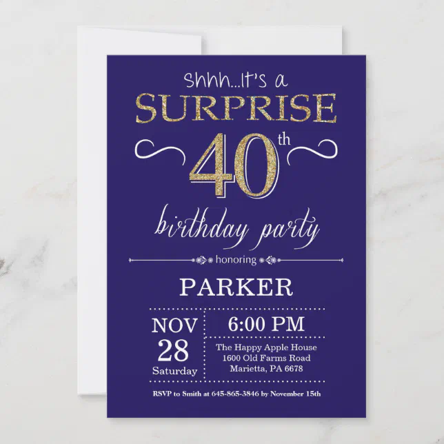 Surprise 40th Birthday Navy Blue and Gold Glitter Invitation | Zazzle