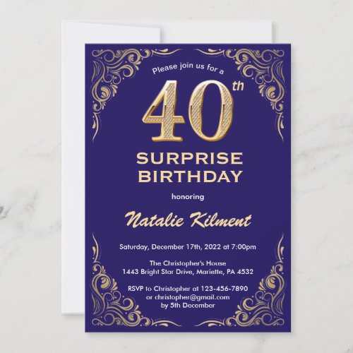Surprise 40th Birthday Navy Blue and Gold Glitter Invitation