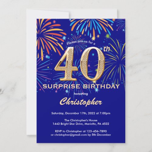 Surprise 40th Birthday Navy Blue  Gold Firework Invitation