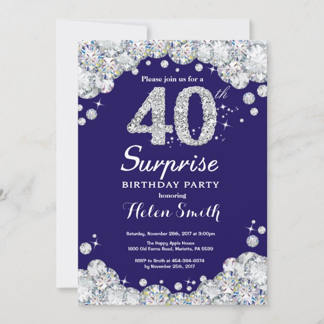 Surprise 40th Birthday Navy Blue Silver Diamond Invitation (Front)