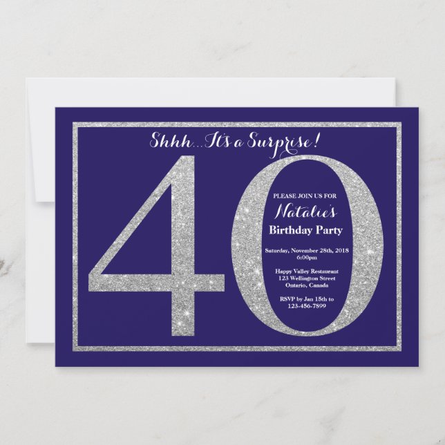 Surprise 40th Birthday Navy Blue Silver Glitter Invitation (Front)