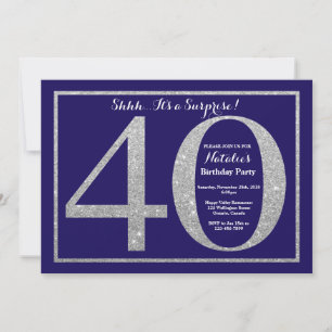 Surprise 40th Birthday Navy Blue Silver Glitter Invitation