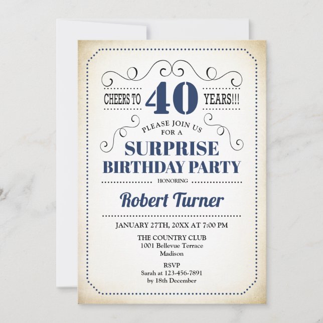 Surprise 40th Birthday - Navy Blue White Black Invitation (Front)
