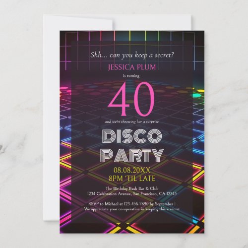 Surprise 40th Birthday Neon Disco Party Invitation