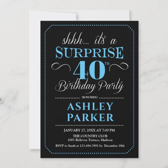 Surprise 40th Birthday Party - Black Blue Invitation (Front)