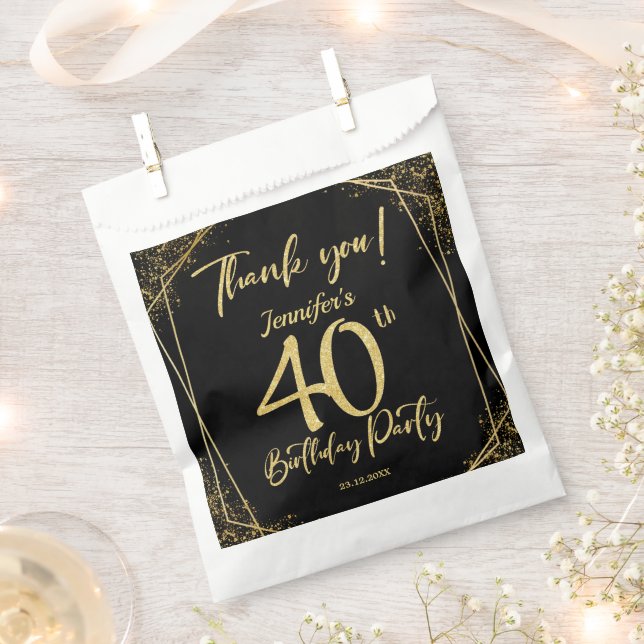 Surprise 40th Birthday Party Black & Gold Glitter Favor Bag (Clipped)