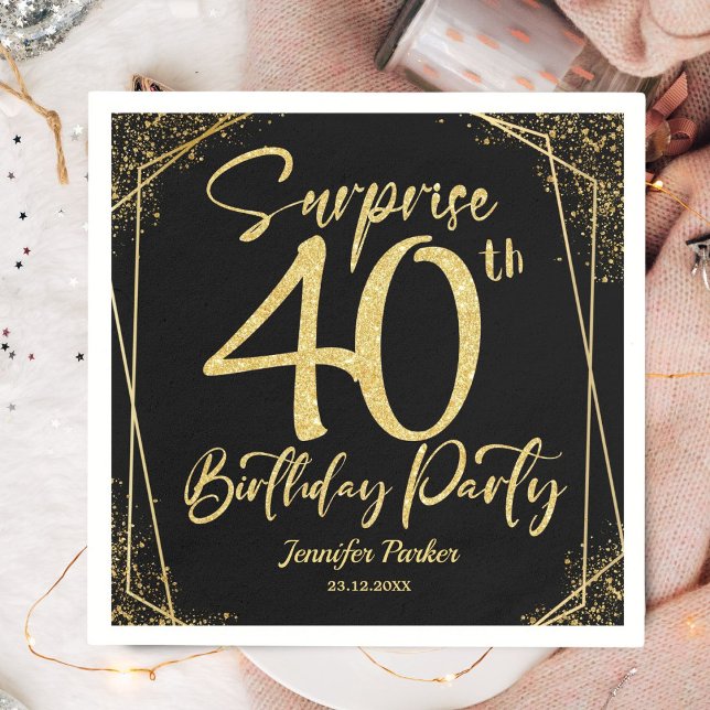 Surprise 40th Birthday Party Black & Gold Glitter Napkins (Creator Uploaded)
