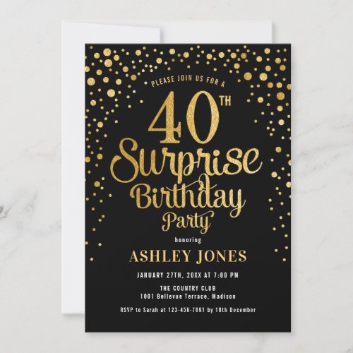 Surprise 40th Birthday Party _ Black  Gold Invitation
