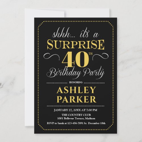 Surprise 40th Birthday Party _ Black Gold Invitation