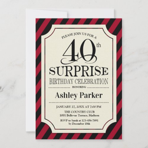 Surprise 40th Birthday Party _ Black Red Stripes Invitation