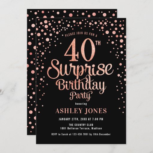 Surprise 40th Birthday Party - Black & Rose Gold Invitation 