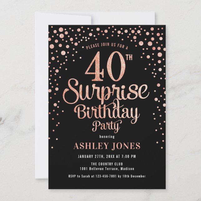 Surprise 40th Birthday Party - Black & Rose Gold Invitation (Front)