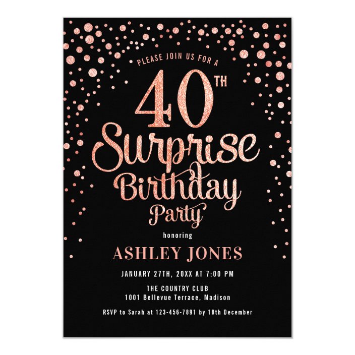 Surprise 40th Birthday Party Black Rose Gold Invitation Zazzle Com