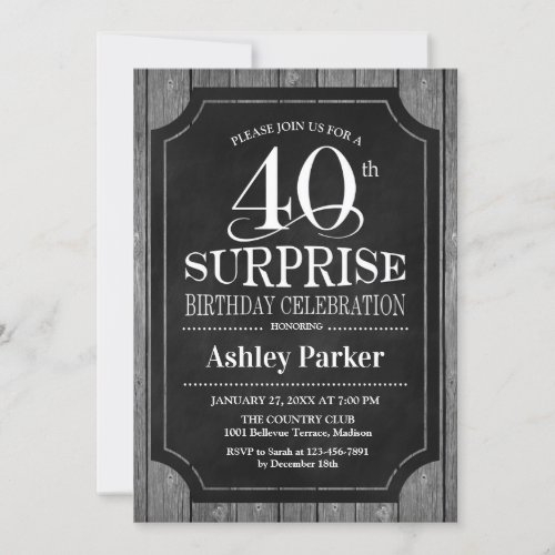 Surprise 40th Birthday Party _ Chalkboard White Invitation