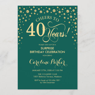 Surprise 40th Birthday Party - Emerald Green Gold Invitation