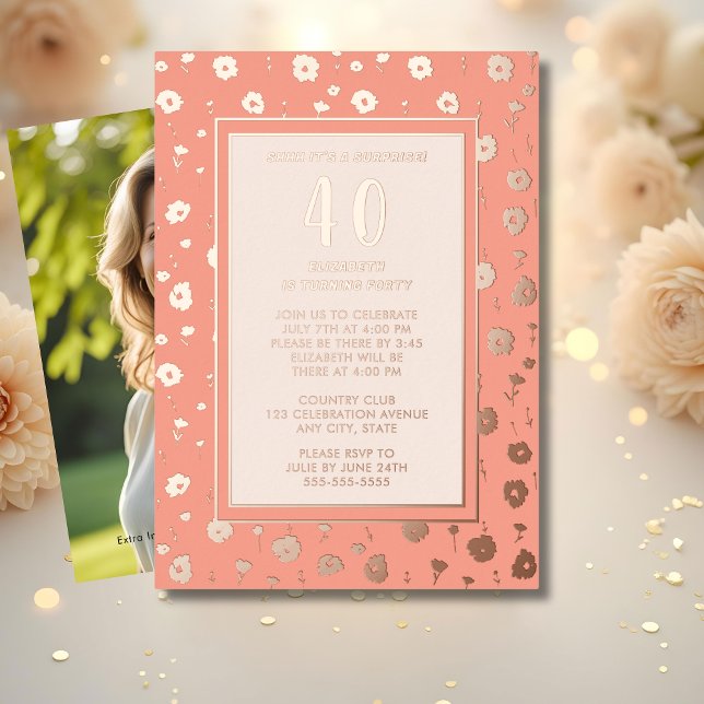 Surprise 40th Birthday Party Floral Elegant Coral  Foil Invitation (Creator Uploaded)