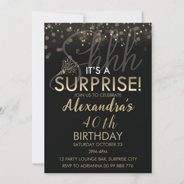 Surprise 40th Birthday Party for Women, Black Invitation (Front)