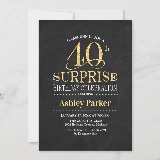 Surprise 40th Birthday Party - Gold Black Invitation | Zazzle