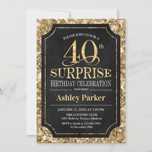 Surprise 40th Birthday Party - Gold Black Invitation (Front)