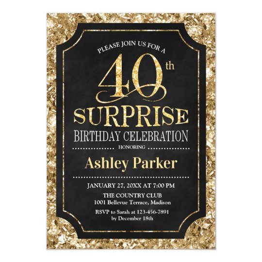 Surprise 40th Birthday Party Gold Black Invitation