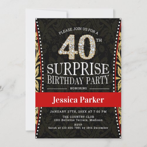 Surprise 40th Birthday Party _ Gold Black Red Invitation