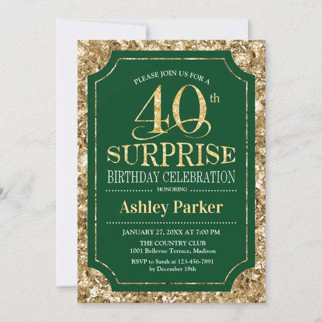 Surprise 40th Birthday Party - Gold Green Invitation (Front)