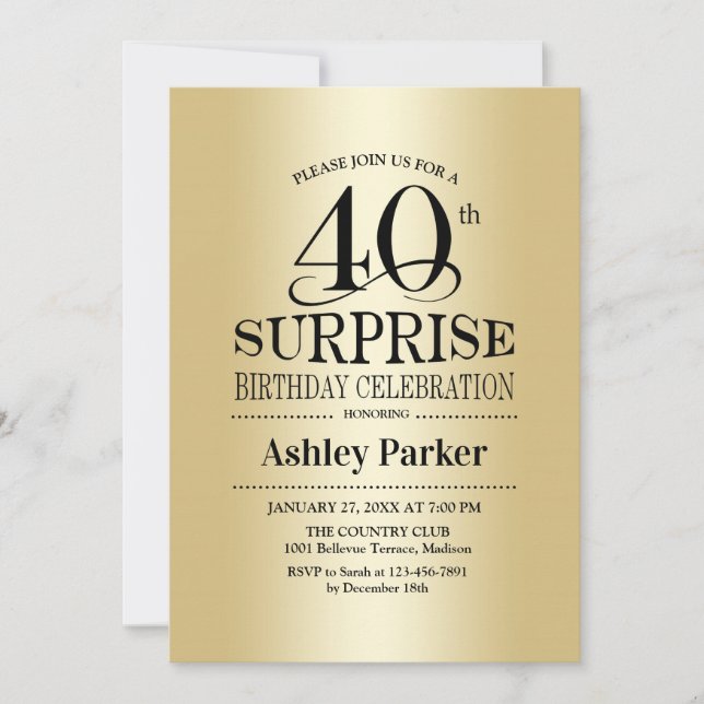 Surprise 40th Birthday Party - Gold Invitation (Front)