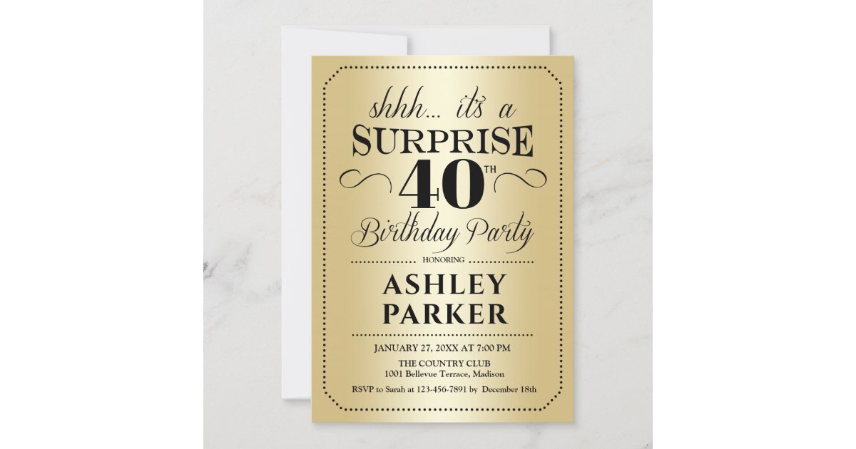 Surprise 40th Birthday Party - Gold Invitation 