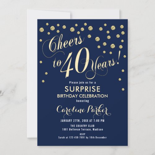 Surprise 40th Birthday Party _ Gold Navy Invitation