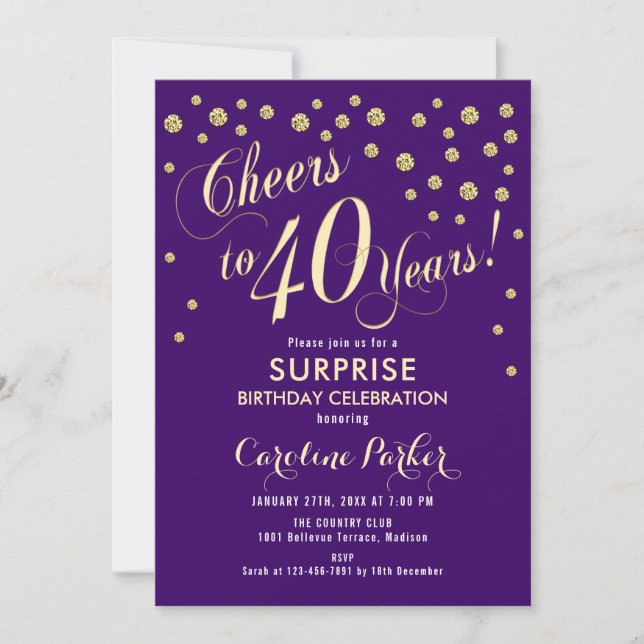 Surprise 40th Birthday Party - Gold Purple Invitation (Front)