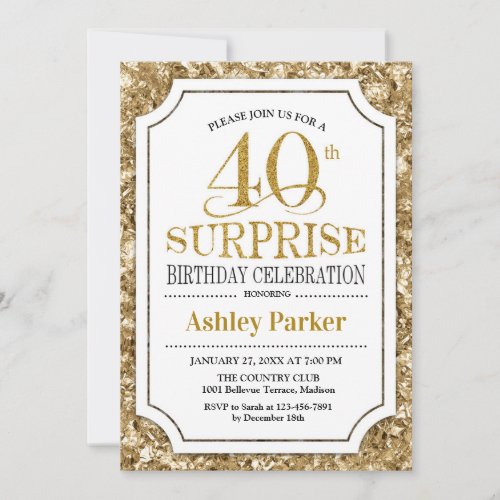 Surprise 40th Birthday Party _ Gold White Invitation
