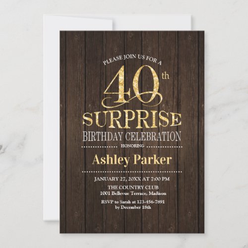 Surprise 40th Birthday Party _ Gold Wood Invitation
