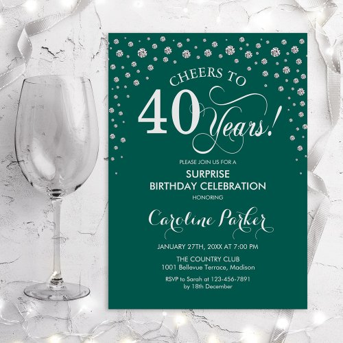 Surprise 40th Birthday Party _ Green Silver Invitation