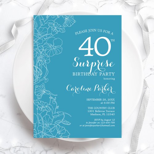 Surprise 40th Birthday Party _ Light Blue Floral Invitation