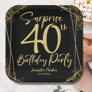 Surprise 40th Birthday Party Modern Black Gold Paper Plates