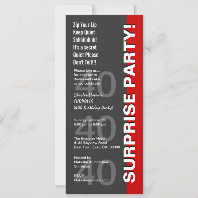 SURPRISE 40th Birthday Party Modern Gray Red V3 Invitation (Front)