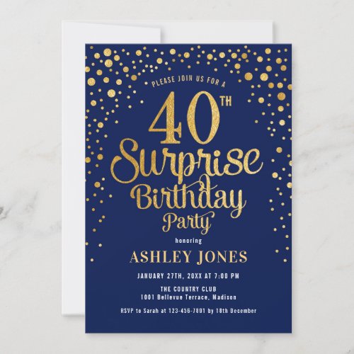 Surprise 40th Birthday Party _ Navy  Gold Invitation