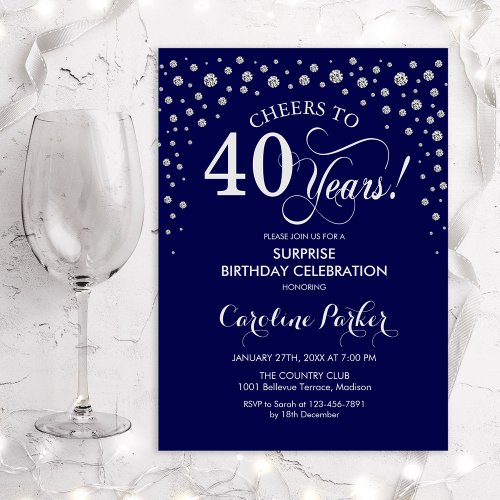 Surprise 40th Birthday Party _ Navy Silver Invitation