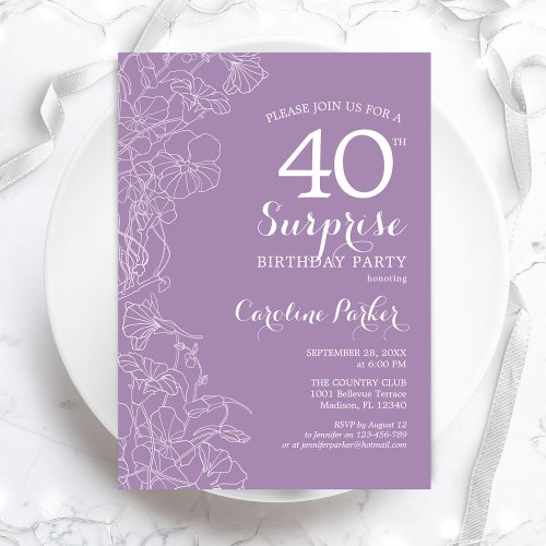 Surprise 40th Birthday Party _ Purple Floral Invitation