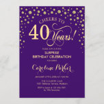 Surprise 40th Birthday Party - Purple Gold Invitation<br><div class="desc">Surprise 40th Birthday Party Invitation.
Elegant design in royal purple and faux glitter gold . Features script font and diamonds confetti. Cheers to 40 Years! Message me if you need further customization.</div>