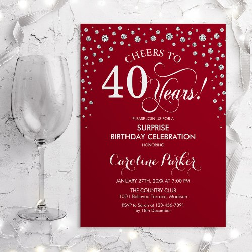 Surprise 40th Birthday Party _ Red Silver Invitation