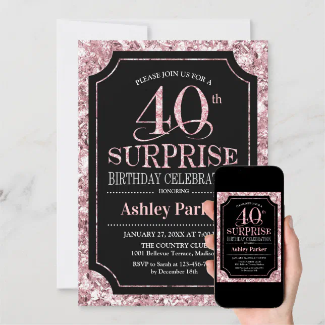 Surprise 40th Birthday Party - Rose Gold Black Invitation | Zazzle