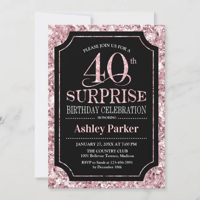 Surprise 40th Birthday Party - Rose Gold Black Invitation | Zazzle