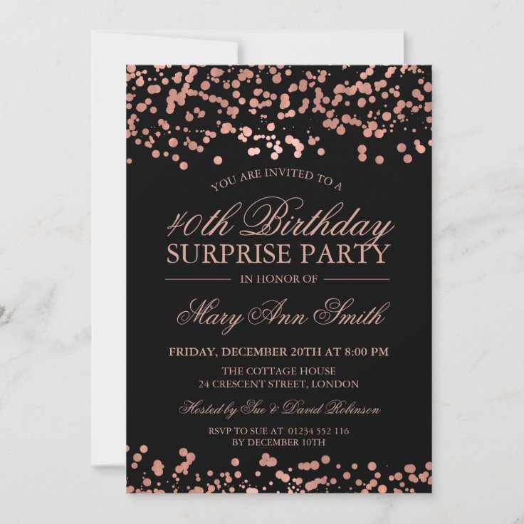 Surprise 40th Birthday Party Rose Gold Foil Invitation | Zazzle