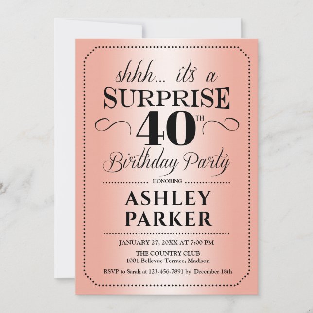 Surprise 40th Birthday Party - Rose Gold Invitation (Front)